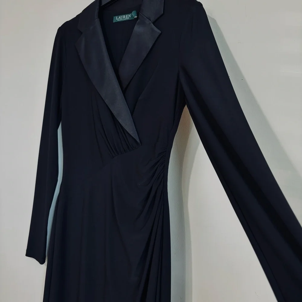 NWT Lauren Ralph Lauren  black long sleeve silk tuxedo formal prom blazer dress